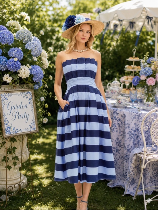 entro Dresses & Skirts - entro Navy and Light Blue Striped Strapless nautical wedding guest Midi Dress